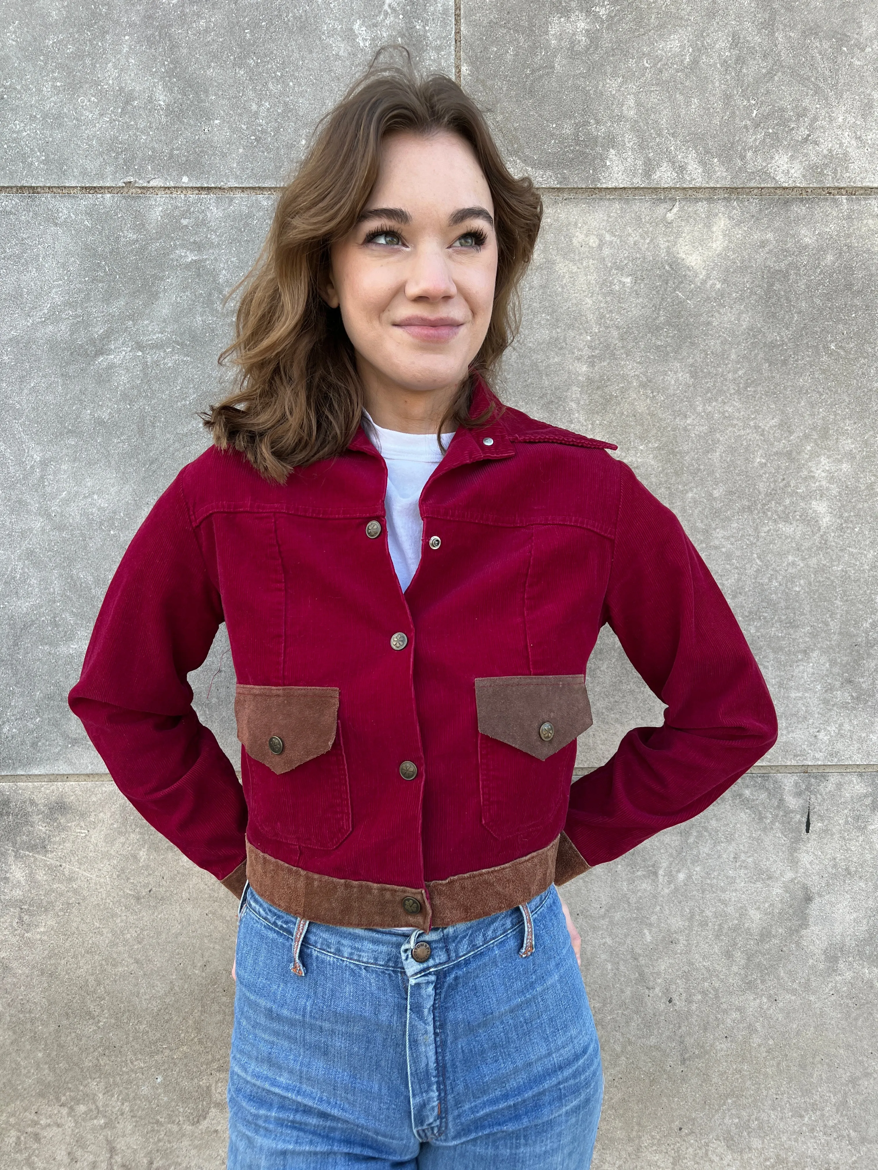 70s Burgundy Corduroy Cropped Jacket, Lady Wrangler