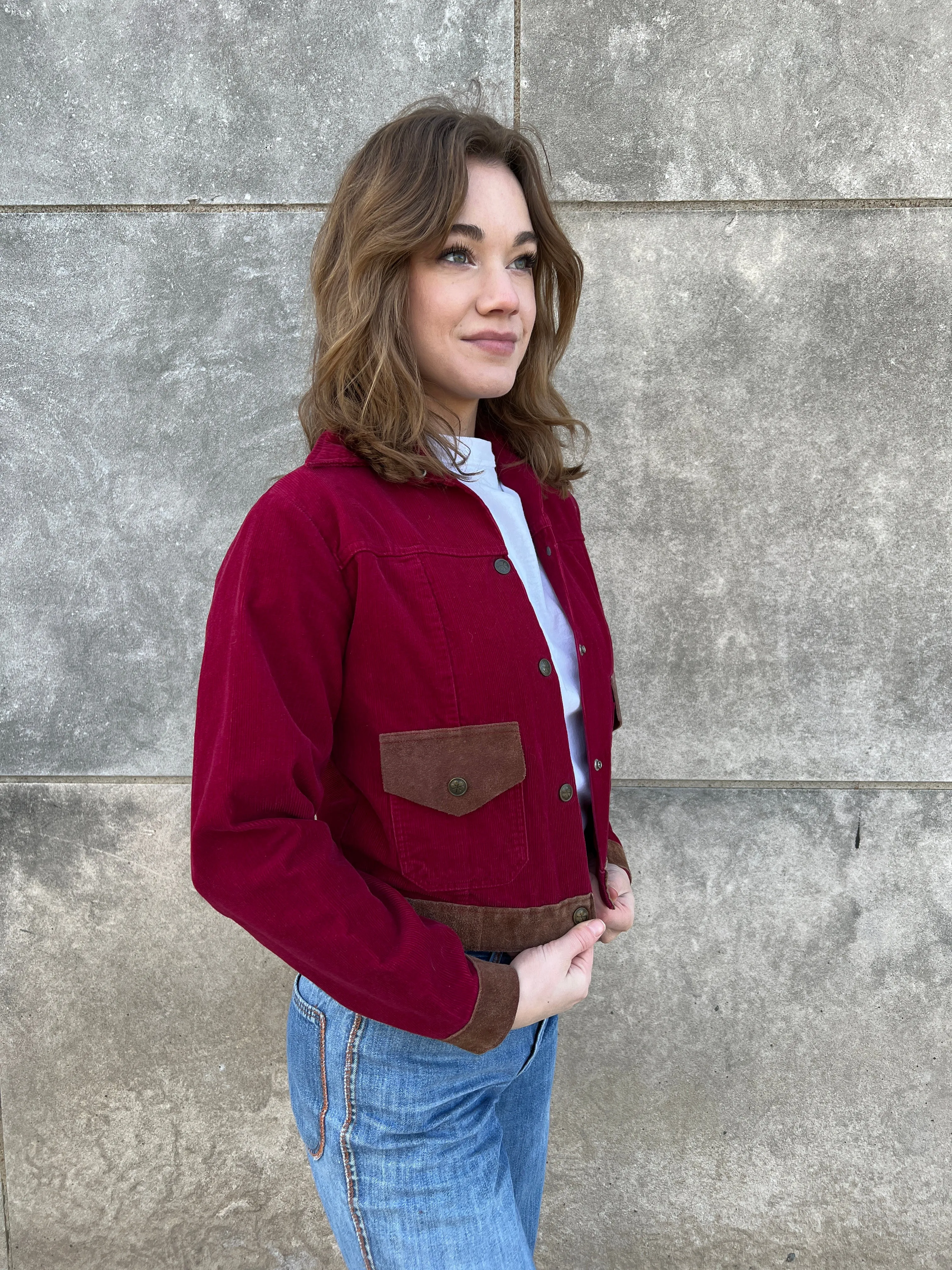 70s Burgundy Corduroy Cropped Jacket, Lady Wrangler