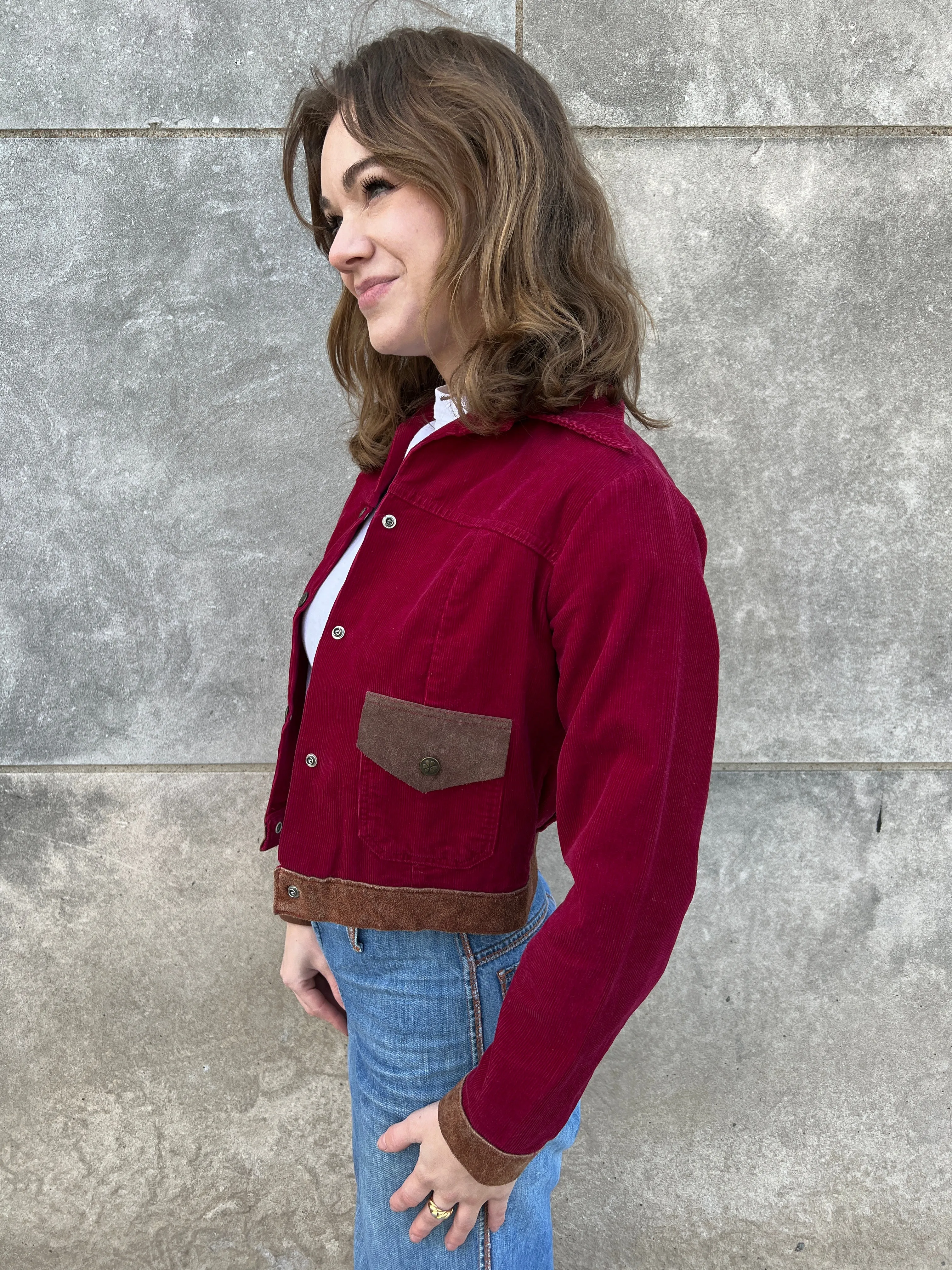 70s Burgundy Corduroy Cropped Jacket, Lady Wrangler
