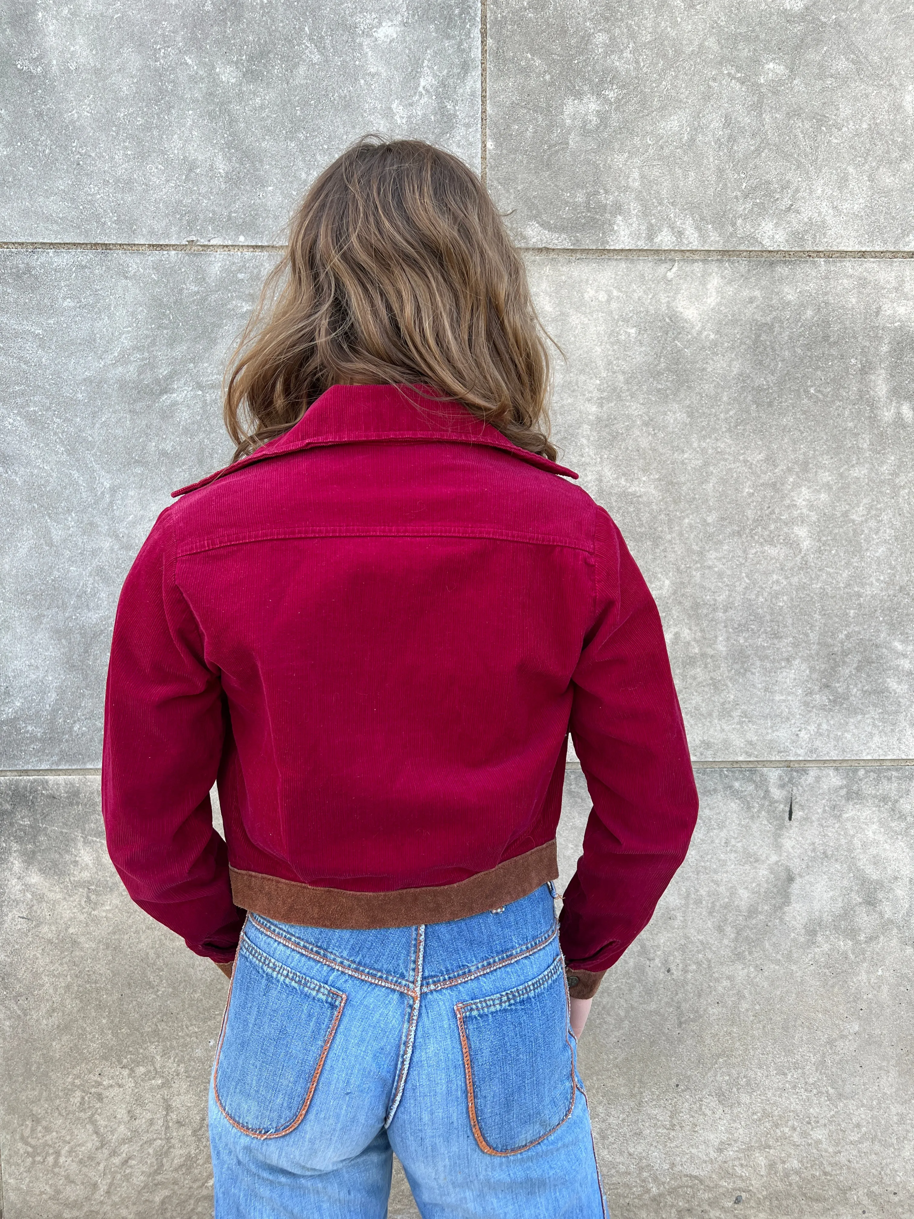 70s Burgundy Corduroy Cropped Jacket, Lady Wrangler