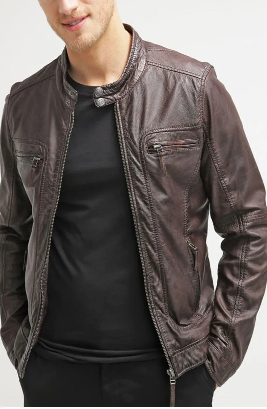 Amir Real Leather Jacket Men Brown Biker Motorcycle Genuine