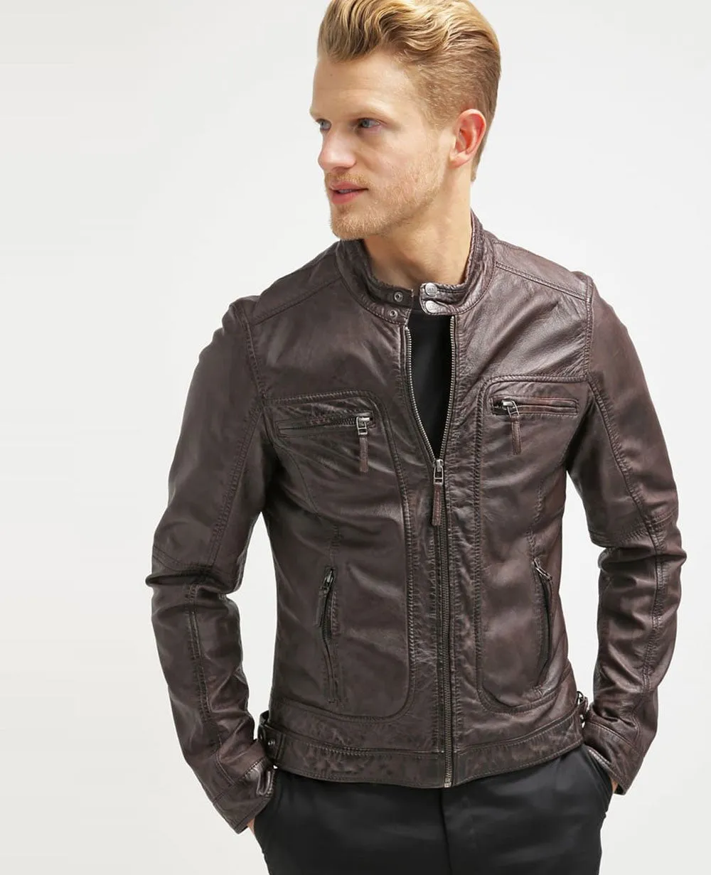 Amir Real Leather Jacket Men Brown Biker Motorcycle Genuine