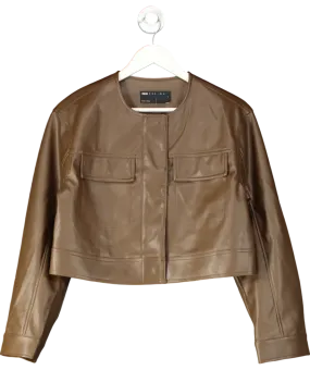 ASOS Brown Cropped Collarless Leather Look Jacket In Chocolate UK S