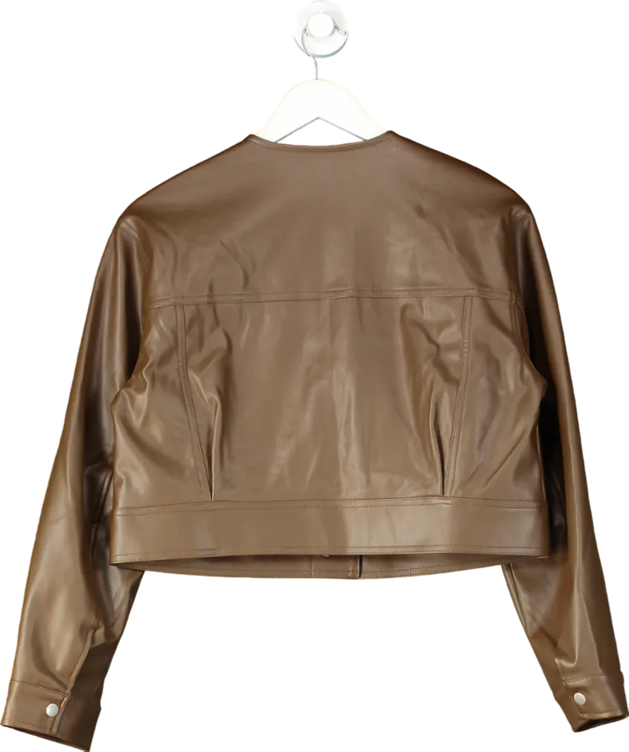 ASOS Brown Cropped Collarless Leather Look Jacket In Chocolate UK S