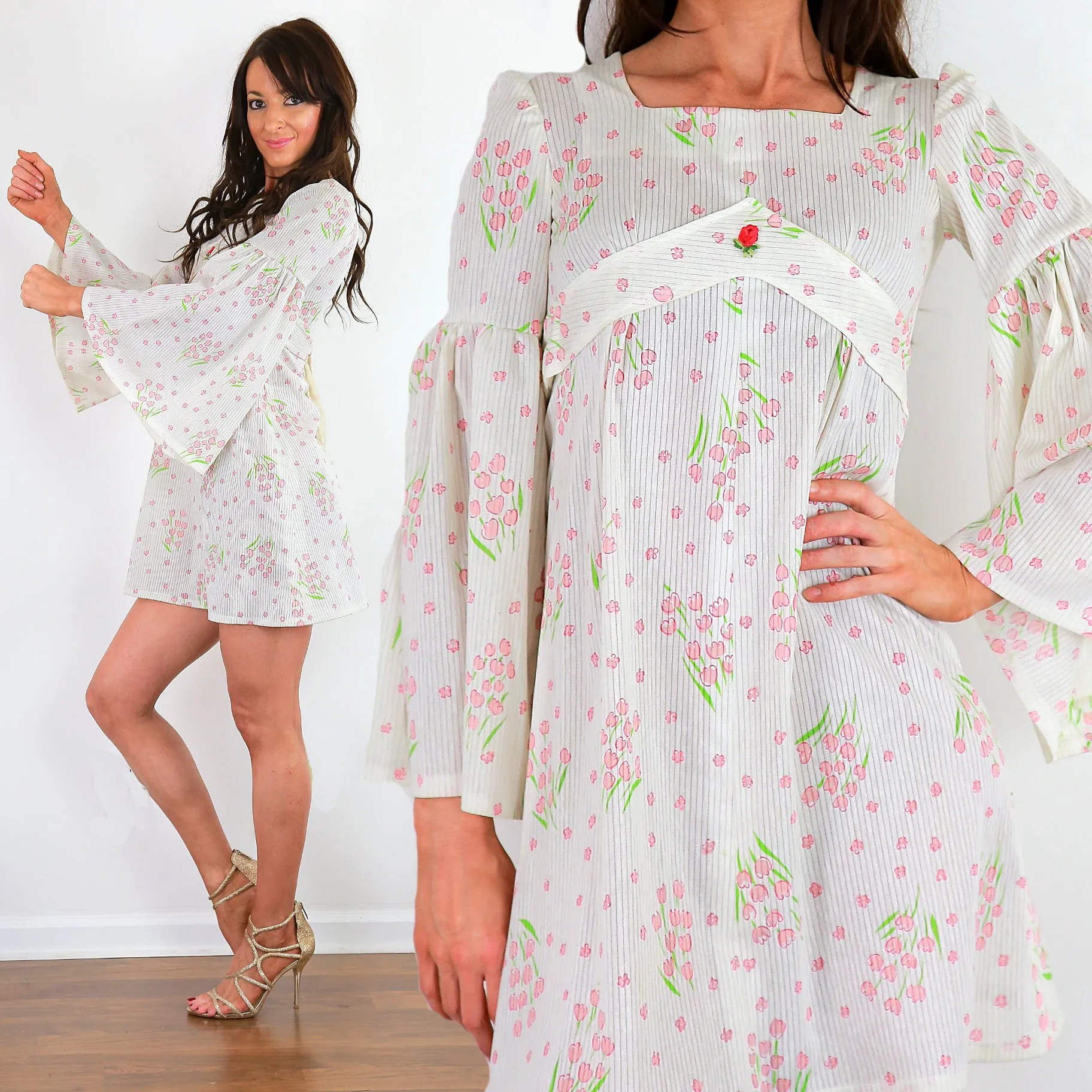 Authentic vintage white boho dress angel sleeve hippie dress