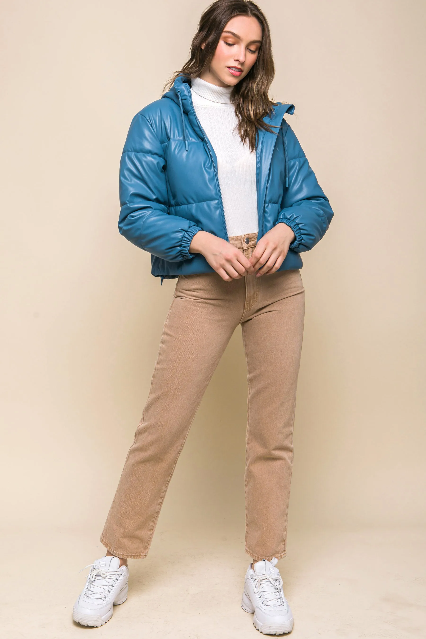 Blue Pu Faux Leather Zipper Hooded Puffer Jacket