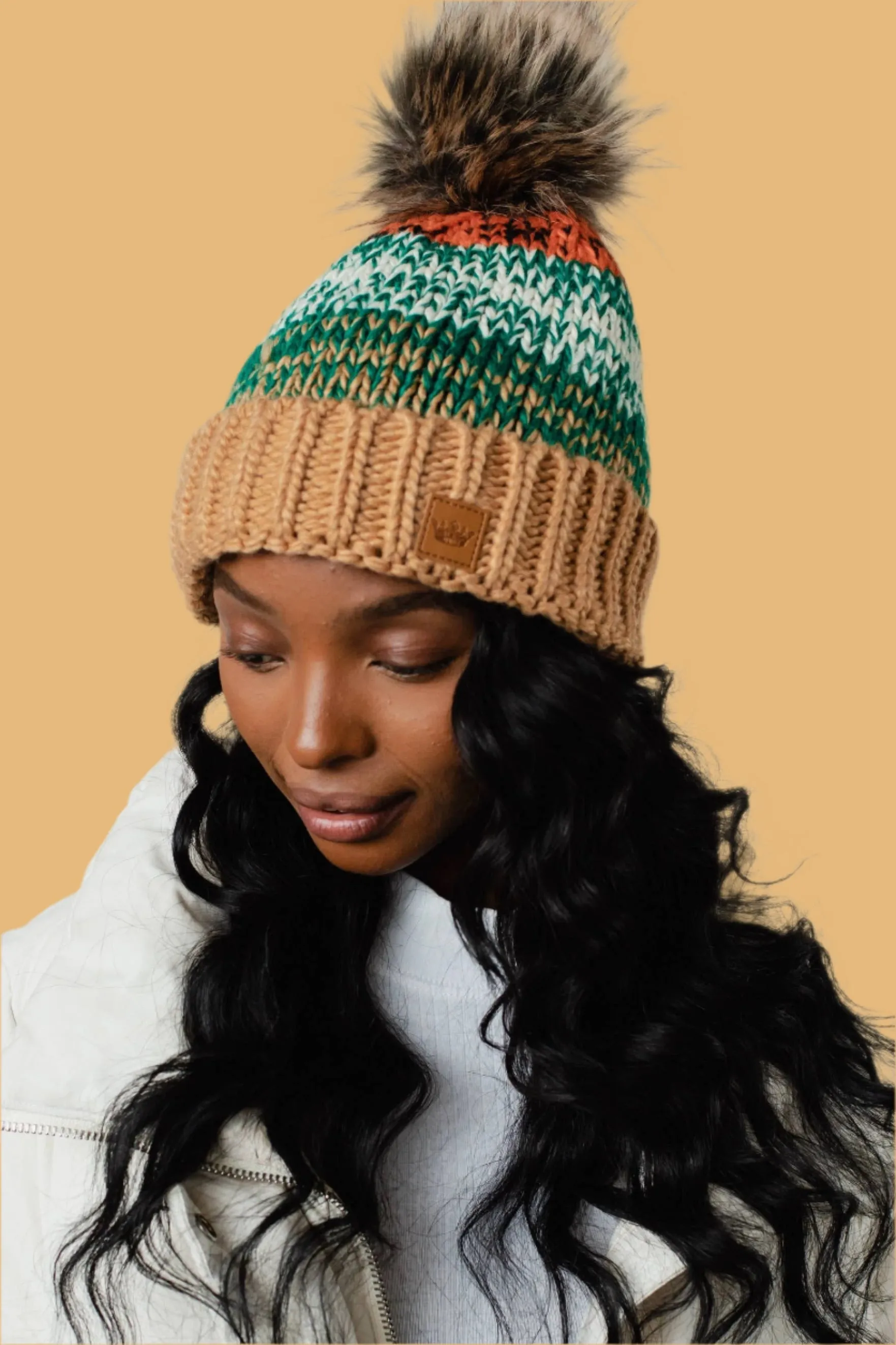 Camel, Green & Orange Patterned Pom Hat