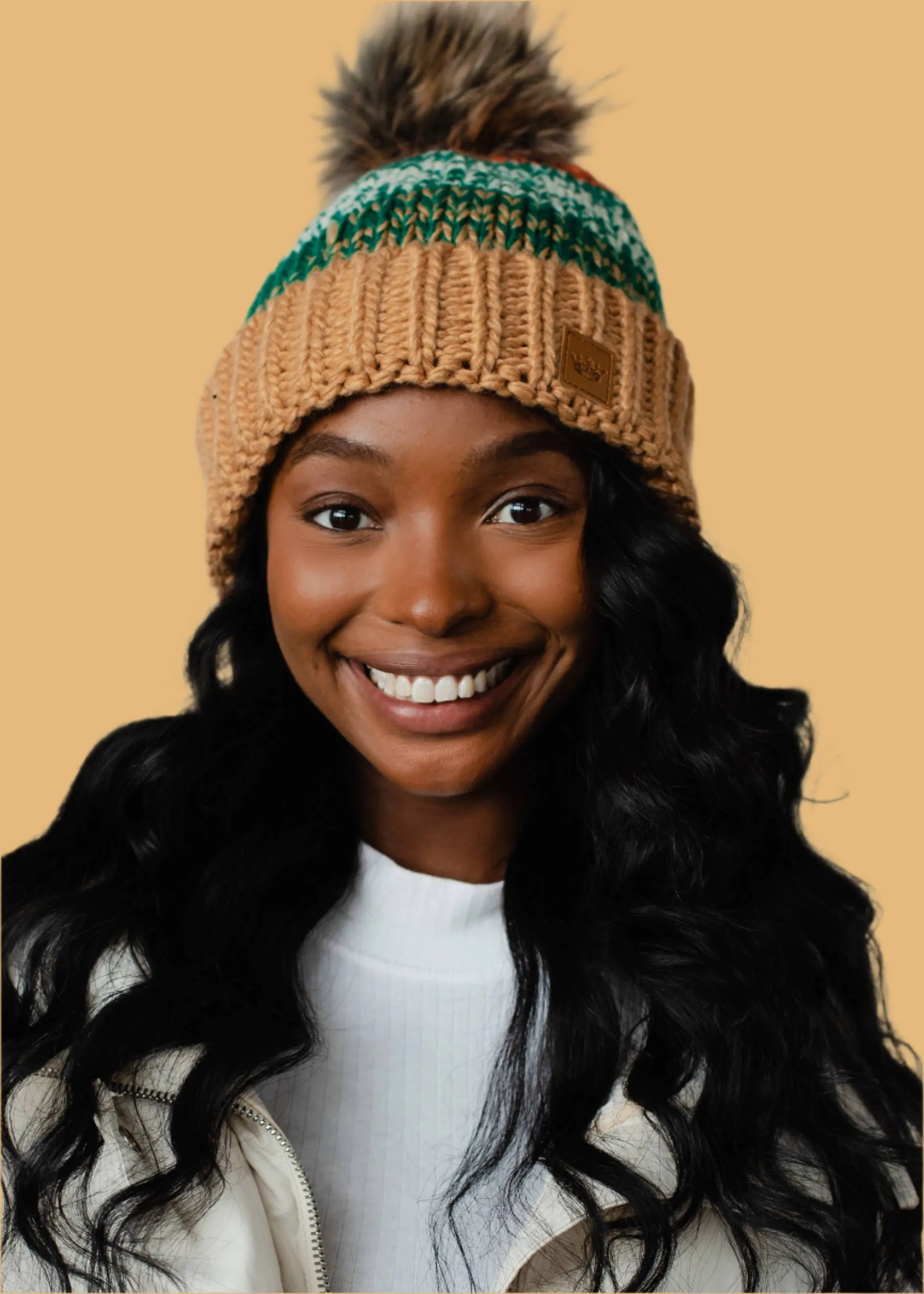 Camel, Green & Orange Patterned Pom Hat