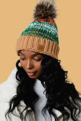 Camel, Green & Orange Patterned Pom Hat