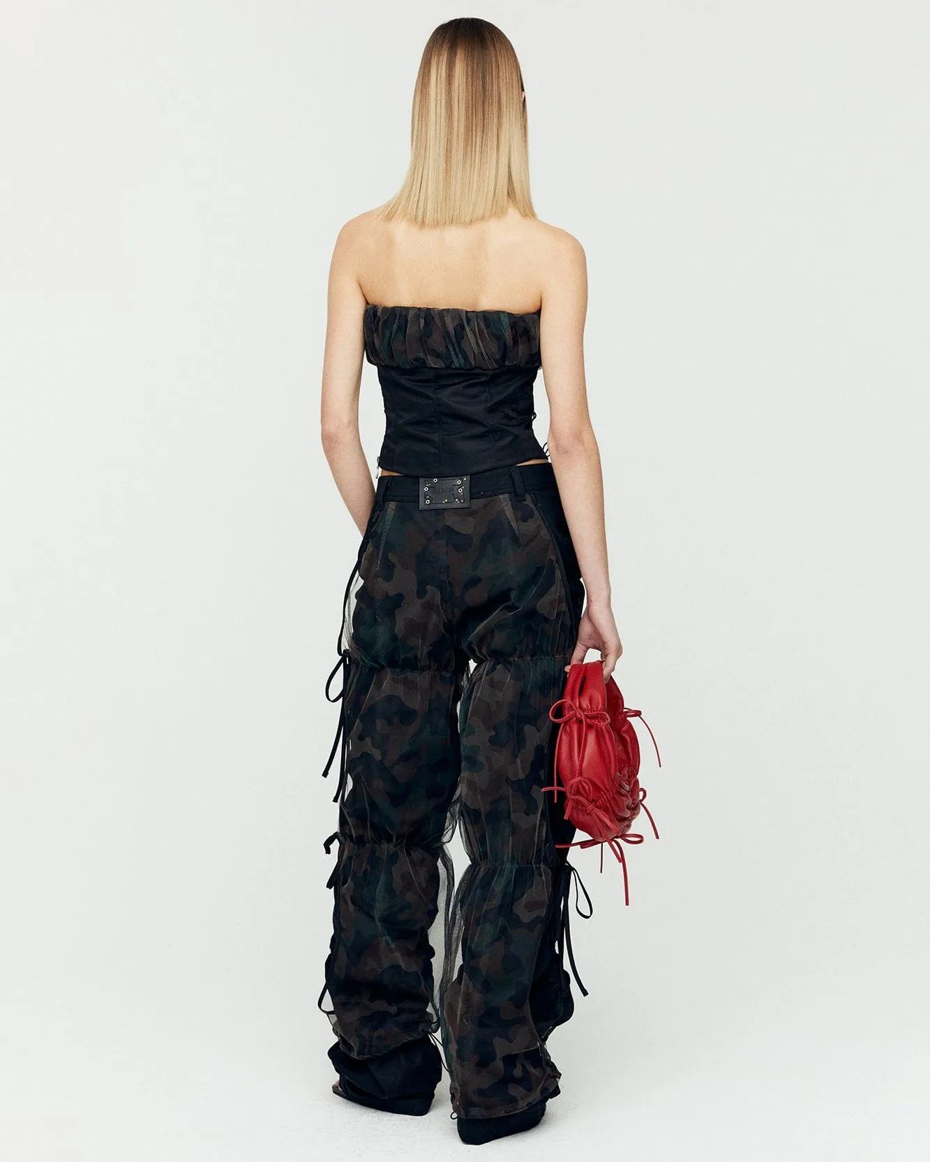 CAMOUFLAGE MESH LAYERED TYING PANTS apa767w(BLACK)