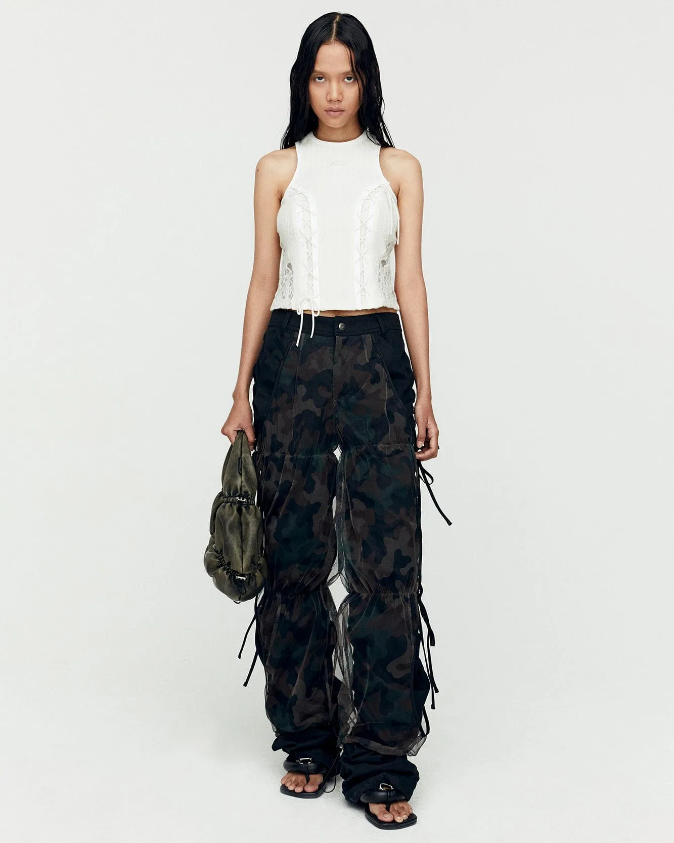 CAMOUFLAGE MESH LAYERED TYING PANTS apa767w(BLACK)