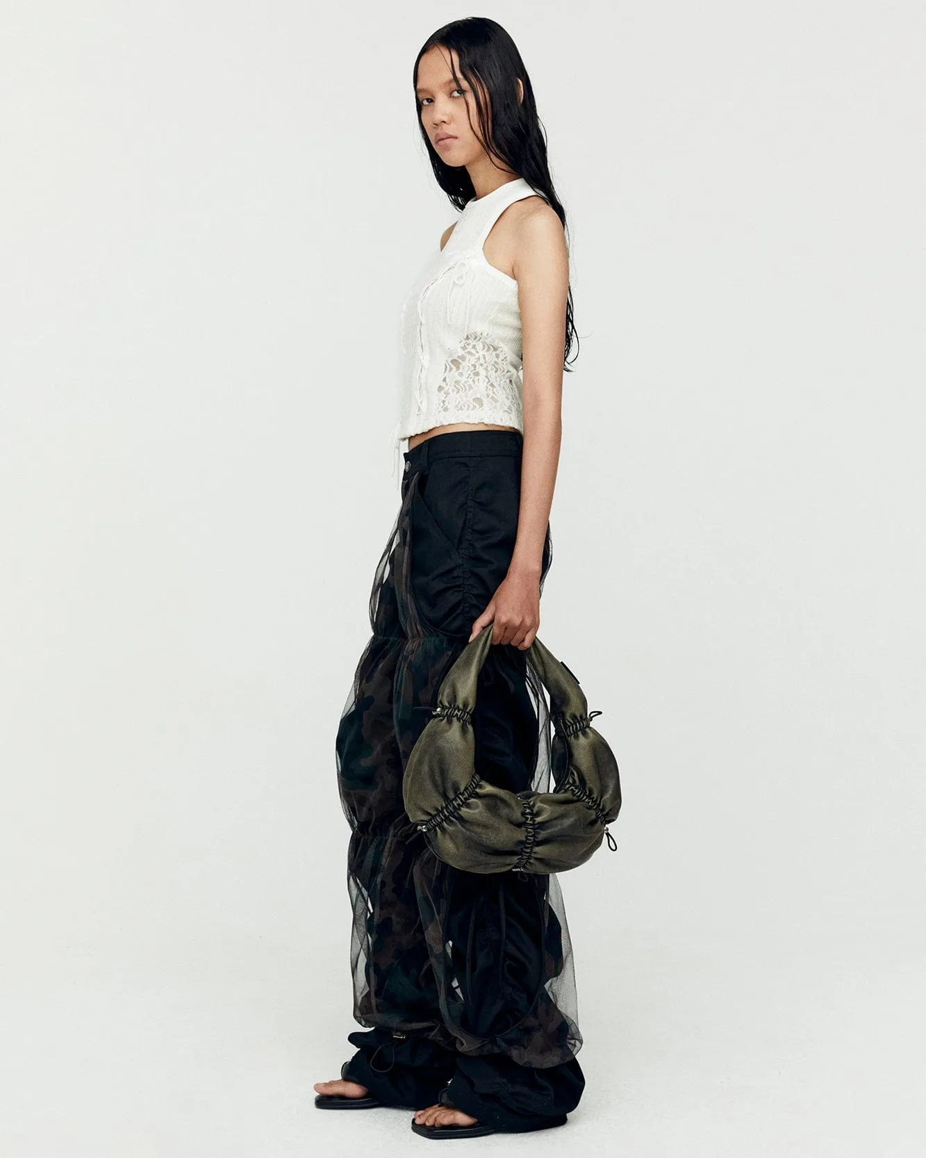 CAMOUFLAGE MESH LAYERED TYING PANTS apa767w(BLACK)