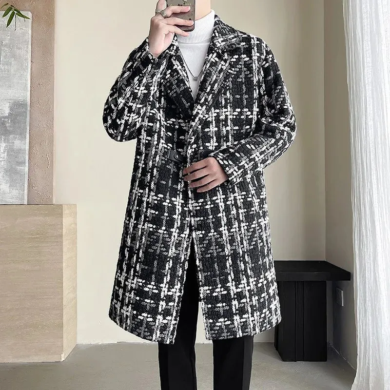 Chicmy-British Style Jacquard Pattern Trench Coat Men Autumn Winter Mens Medium Long Coat Business Casual Streetwear Windbreaker