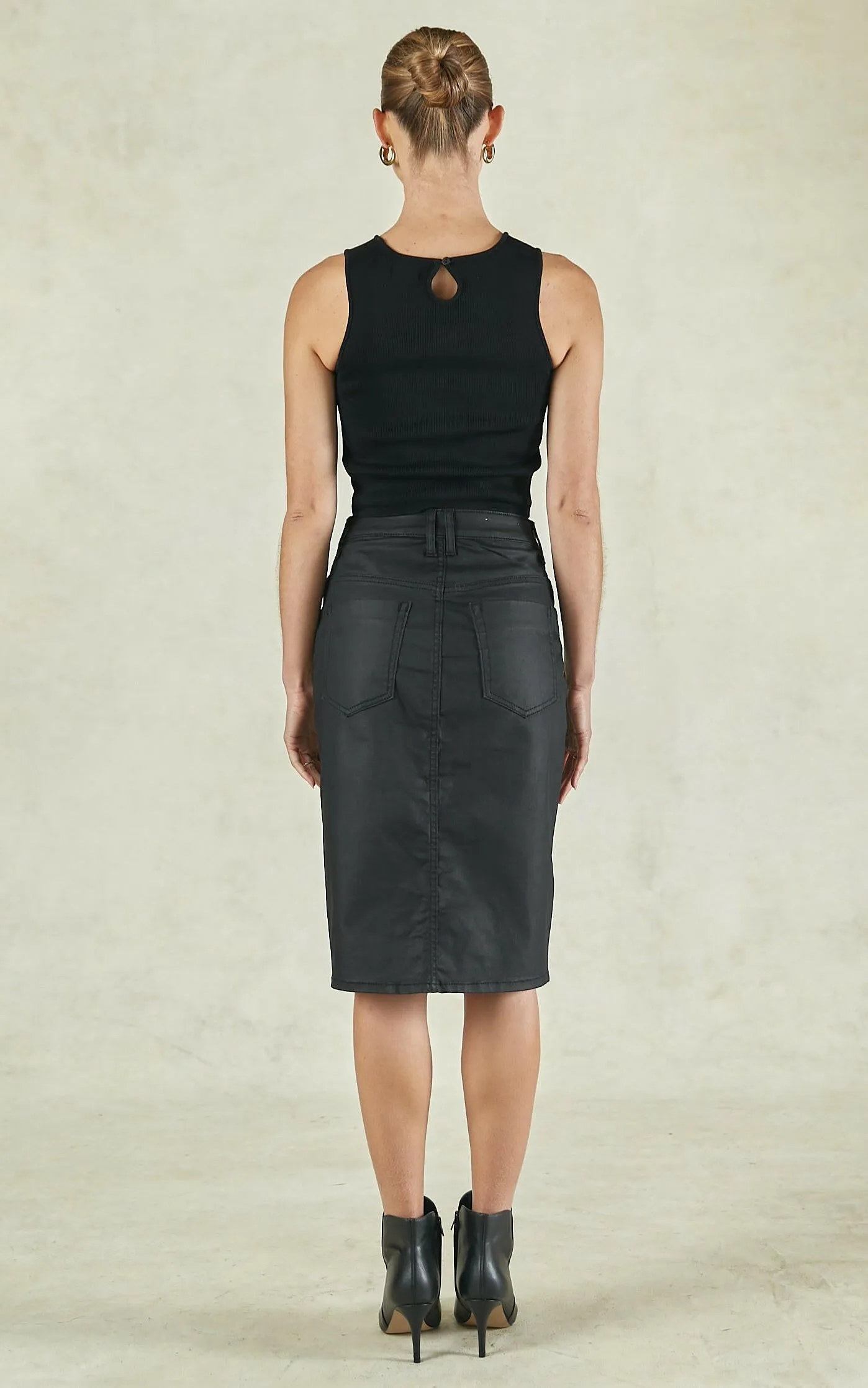 Coated Denim Black High Waisted Revival Skirt