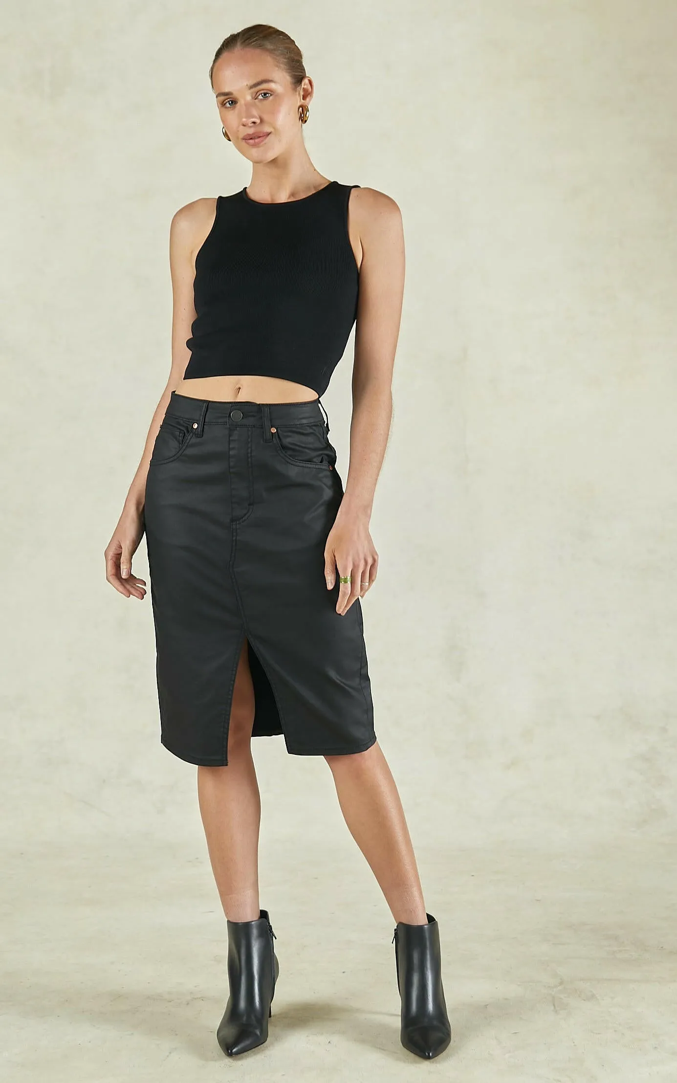Coated Denim Black High Waisted Revival Skirt