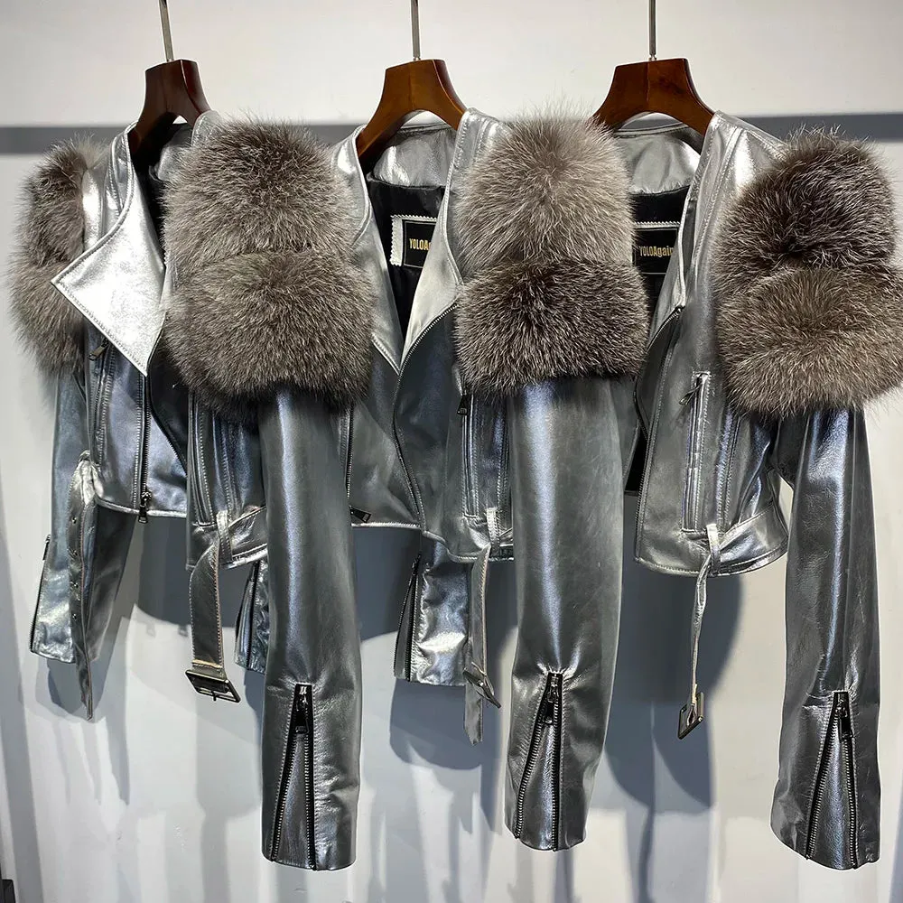 Couture Fox Fur & Leather Crop Jacket