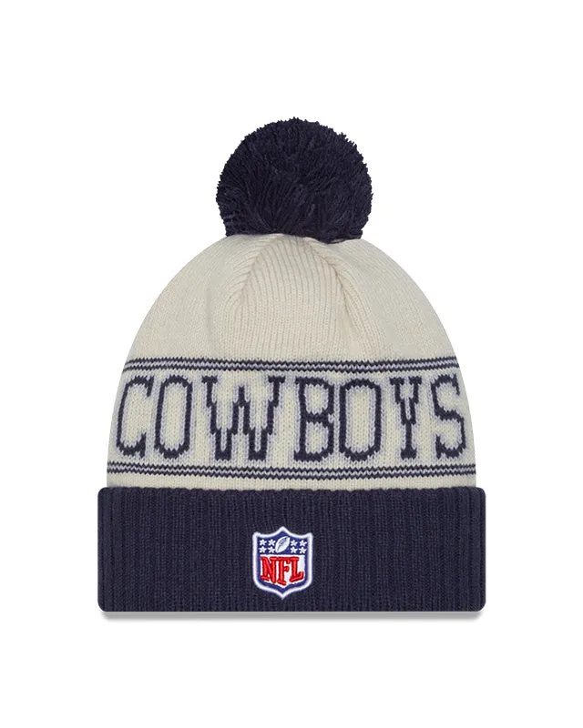 Dallas Cowboys New Era 2023 Sideline Historic Pom Cuffed Knit Hat - Cream/Navy
