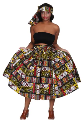 Dashiki Printed Cotton Wax Elastic Waist Flared Skirt