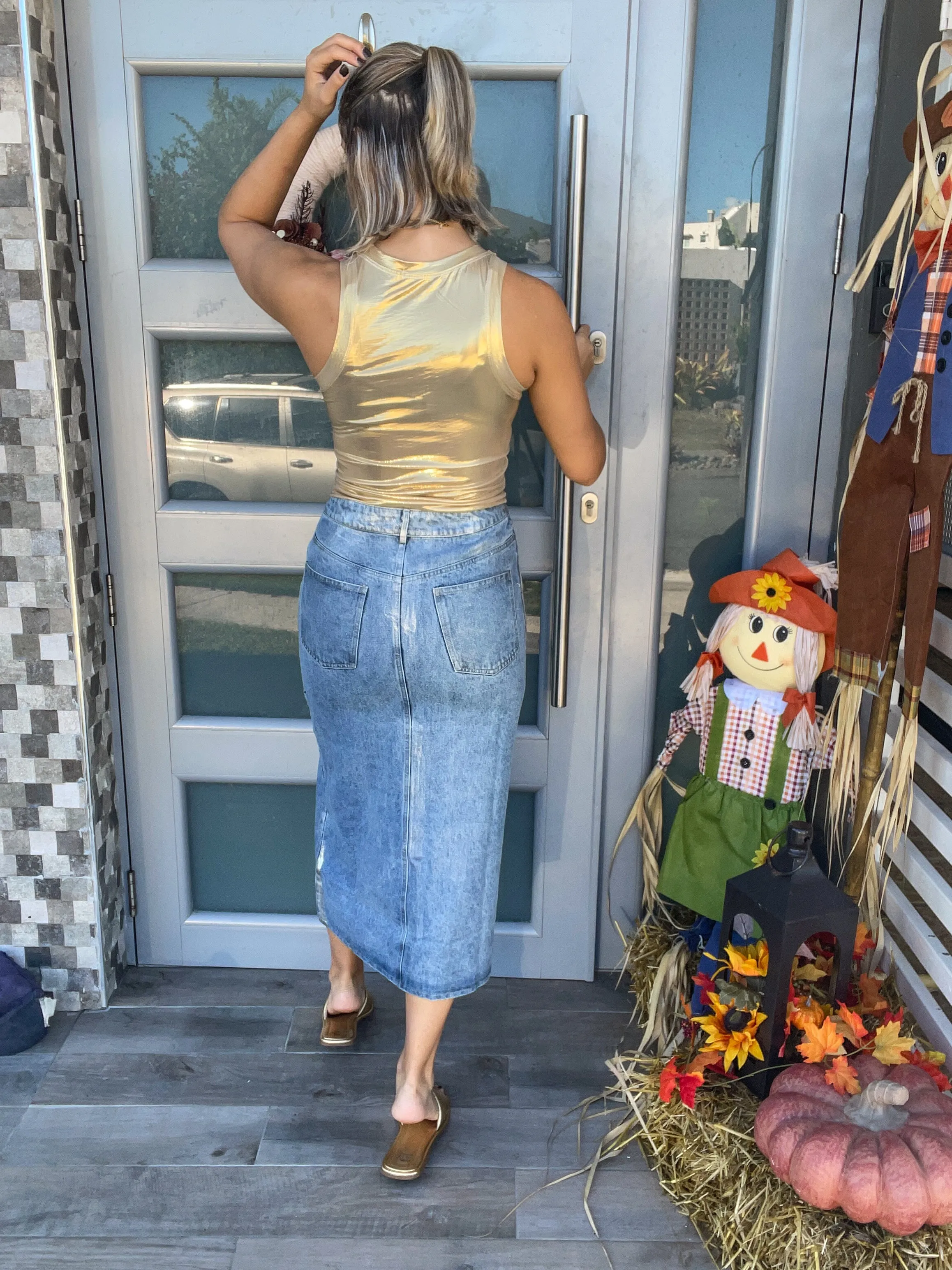 DENIM METALLIC MIDI SKIRT