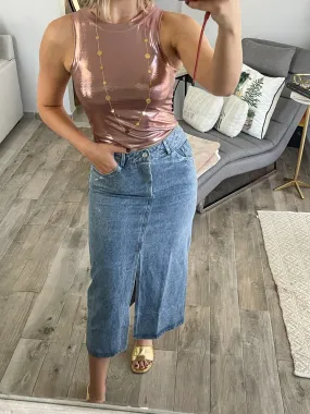 DENIM METALLIC MIDI SKIRT