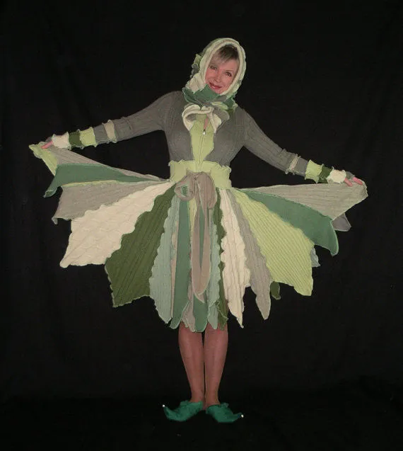 Elf Coat "Forest Fairy" Size Small Pixie Flower Petal Green Leaves Nature Fae Recycled Repurposed Sweater Art Hooded Long Jacket