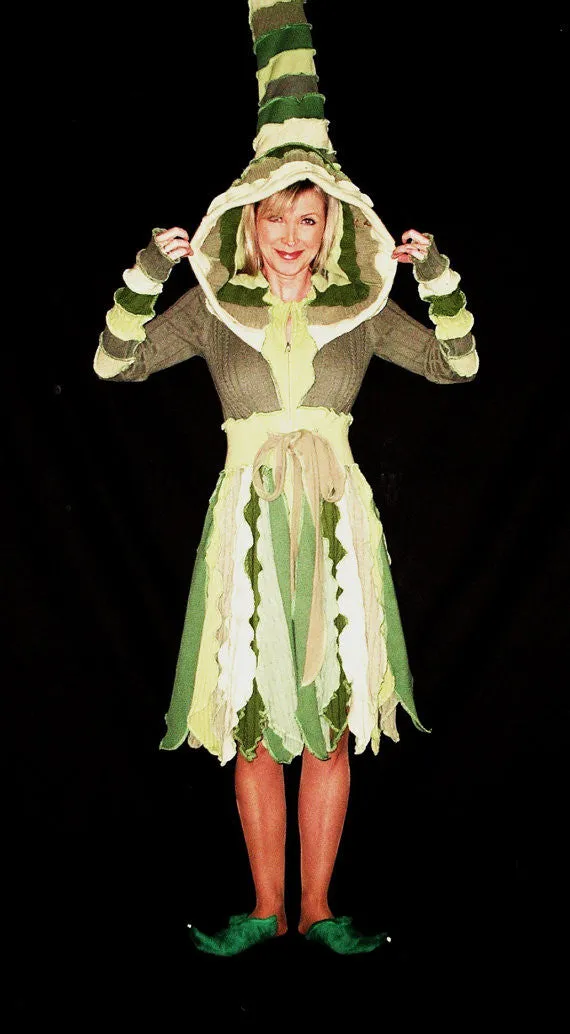 Elf Coat "Forest Fairy" Size Small Pixie Flower Petal Green Leaves Nature Fae Recycled Repurposed Sweater Art Hooded Long Jacket