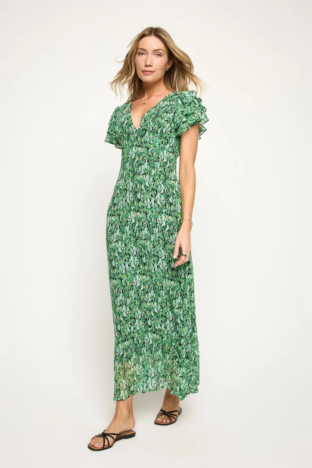 Elizabeth Ruffle Sleeve Smocked-Back Maxi