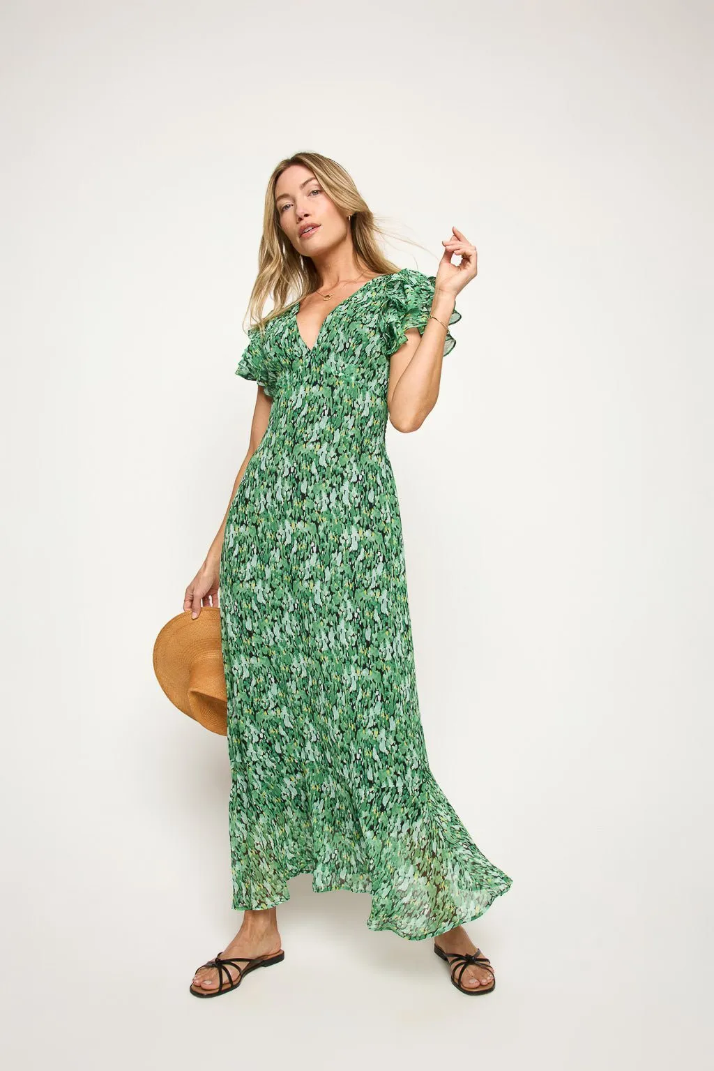 Elizabeth Ruffle Sleeve Smocked-Back Maxi