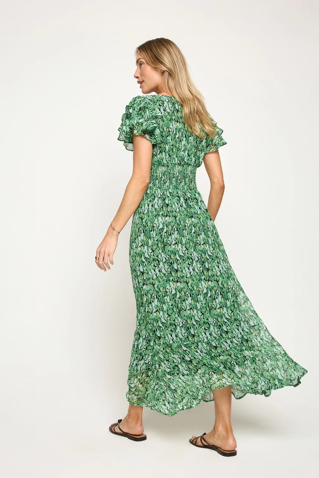 Elizabeth Ruffle Sleeve Smocked-Back Maxi