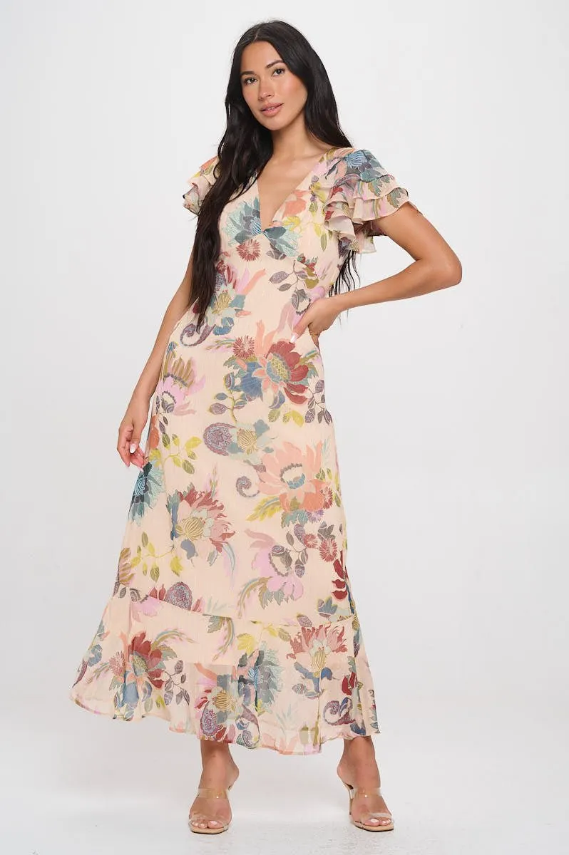 Elizabeth Ruffle Sleeve Smocked-Back Maxi