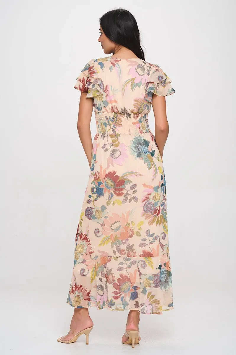 Elizabeth Ruffle Sleeve Smocked-Back Maxi
