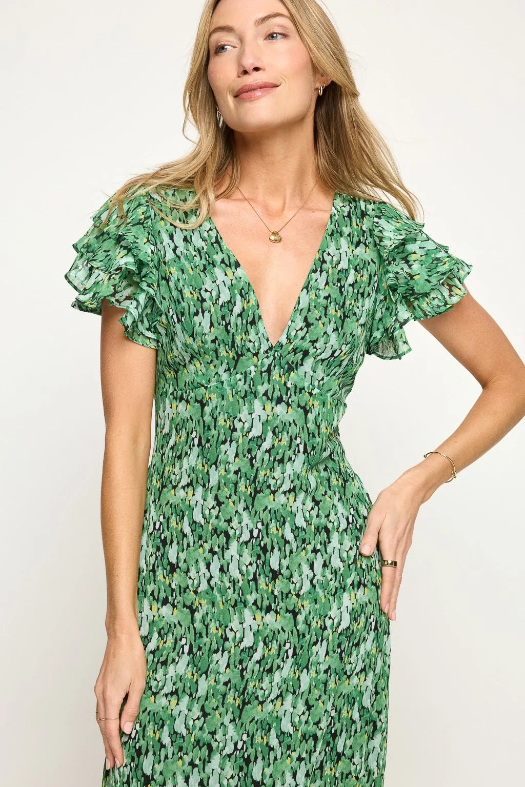 Elizabeth Ruffle Sleeve Smocked-Back Maxi