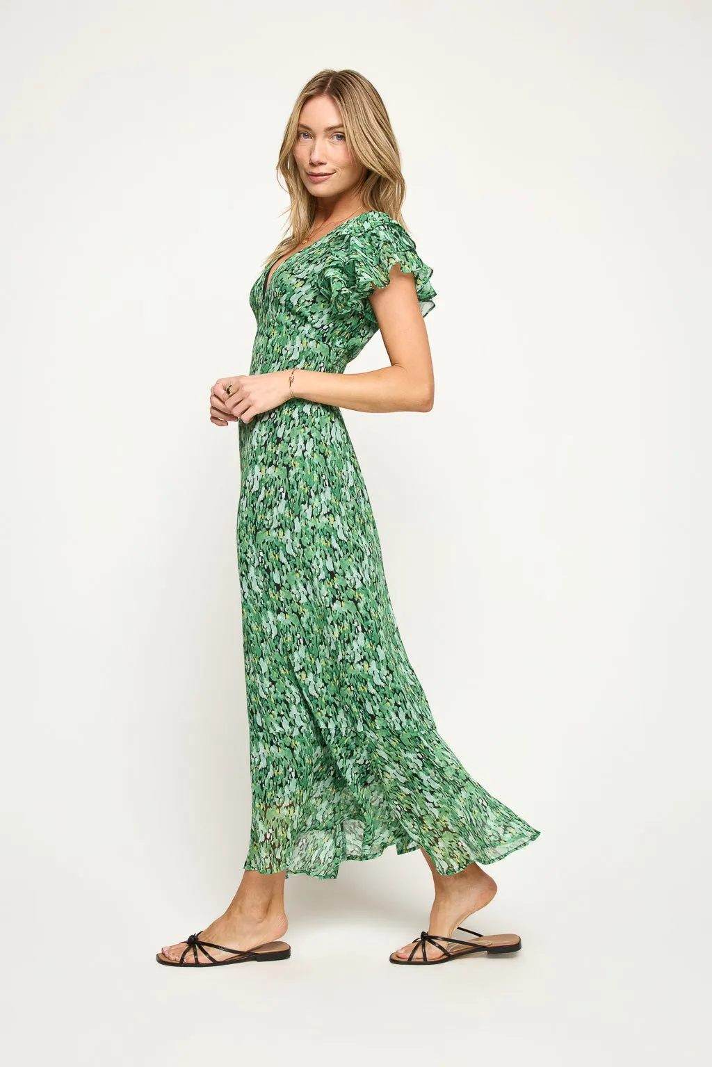 Elizabeth Ruffle Sleeve Smocked-Back Maxi