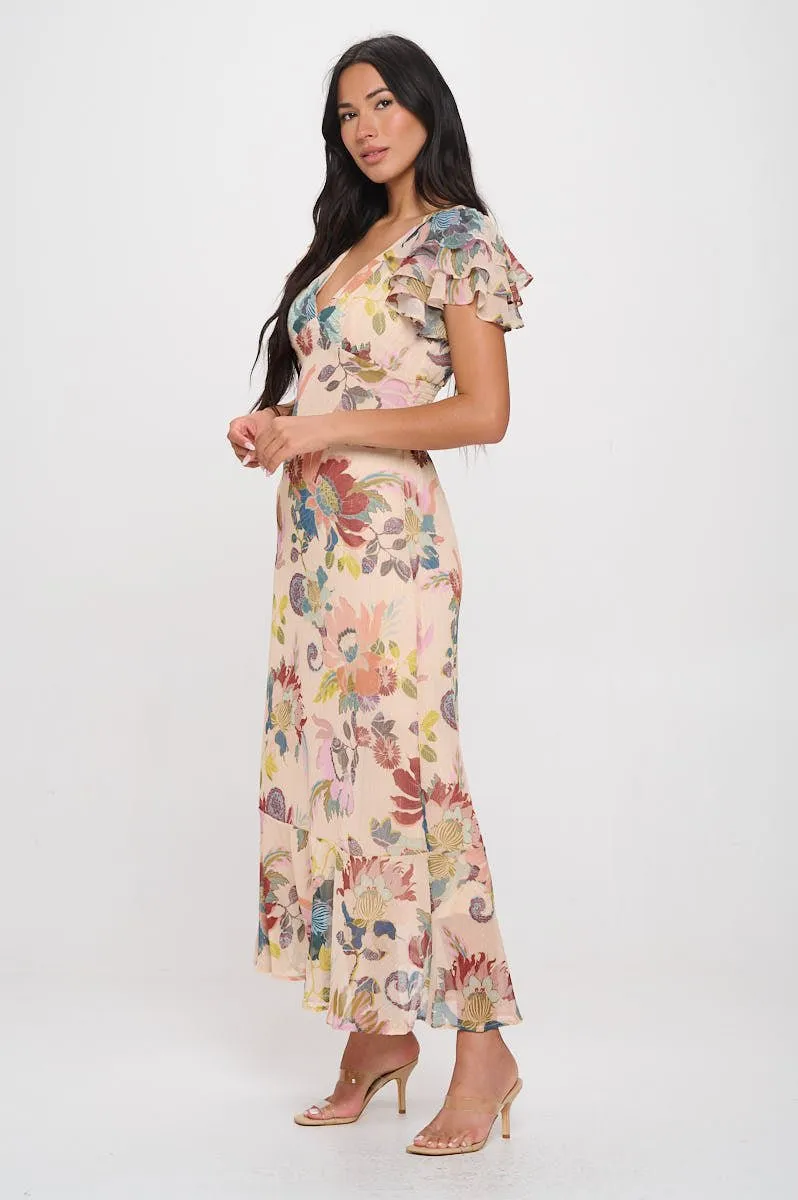 Elizabeth Ruffle Sleeve Smocked-Back Maxi