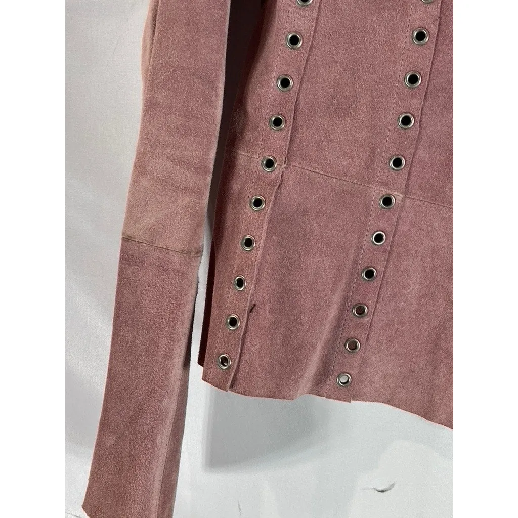ESSENDI Women's Pink Vintage Calf Suede Cropped Grommet Snap-Button Jacket SZS