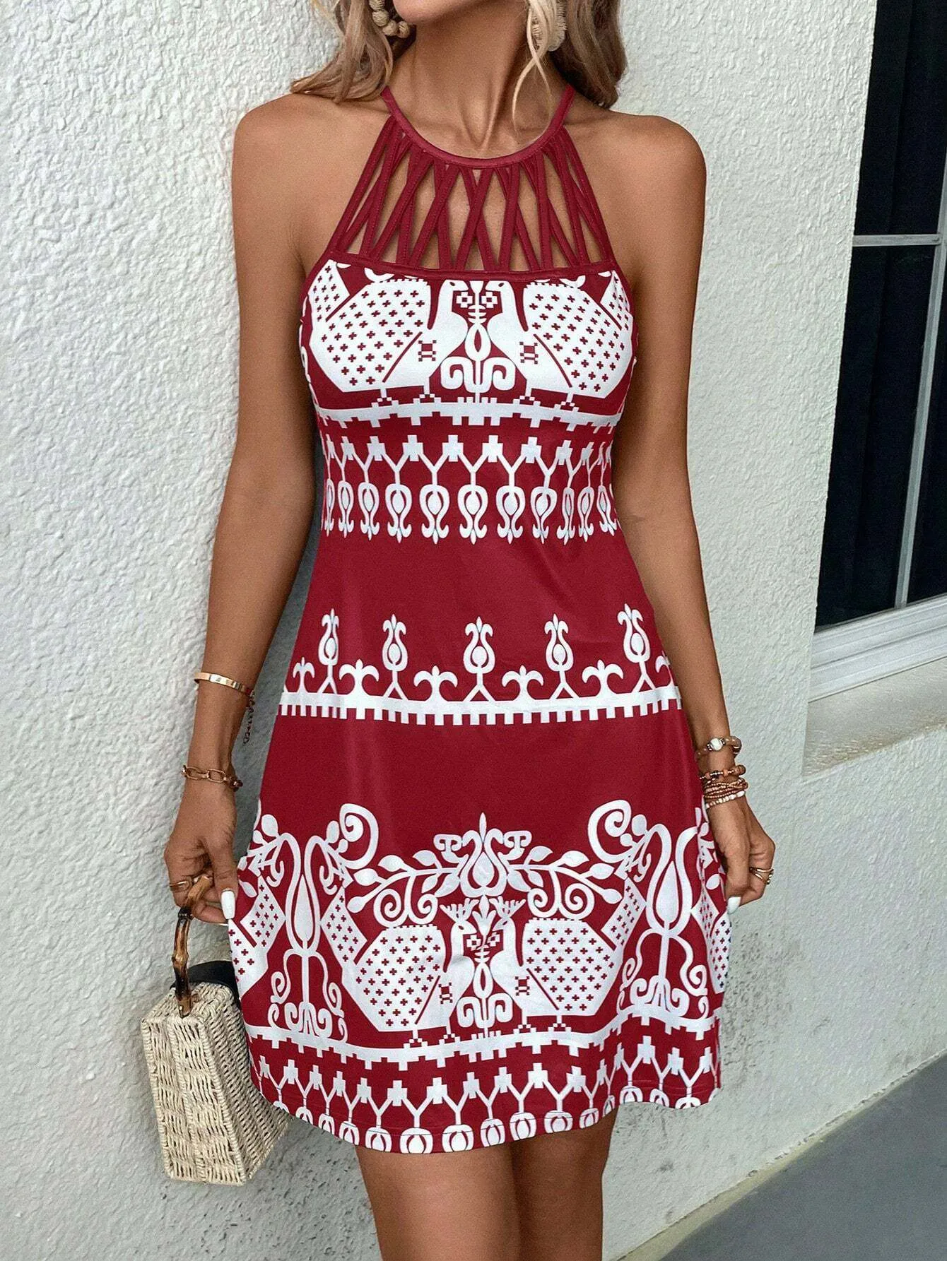 Ethnic Print Halter Neck Beach Dress