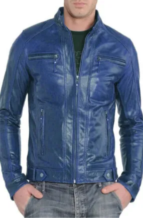 Everest Genuine Real Leather Jacket Men Blue Biker Motorcycle