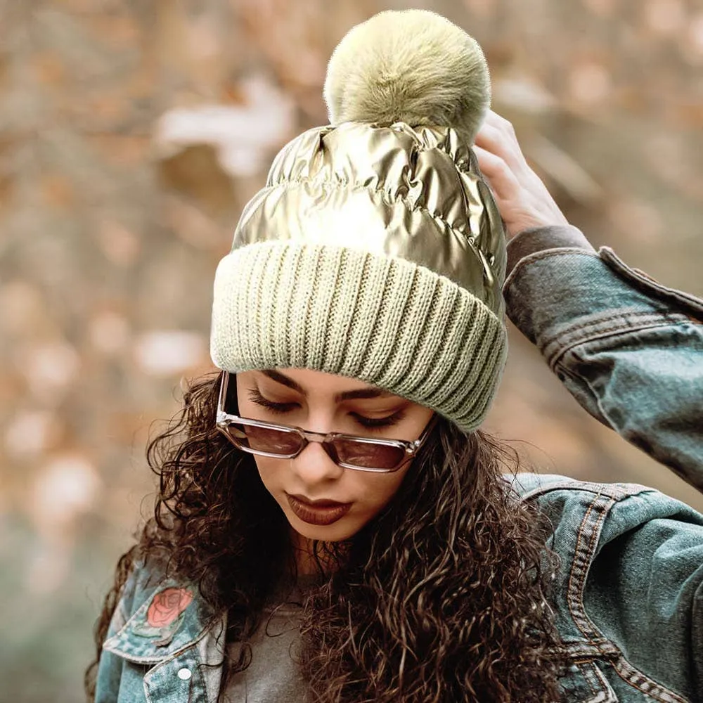 H8006 - Fleece Lining Puffer Knit Pom Pom Beanie Hat