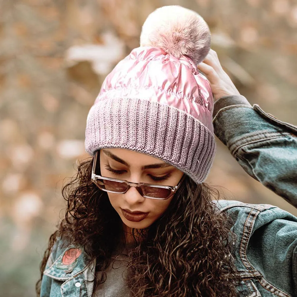 H8006 - Fleece Lining Puffer Knit Pom Pom Beanie Hat