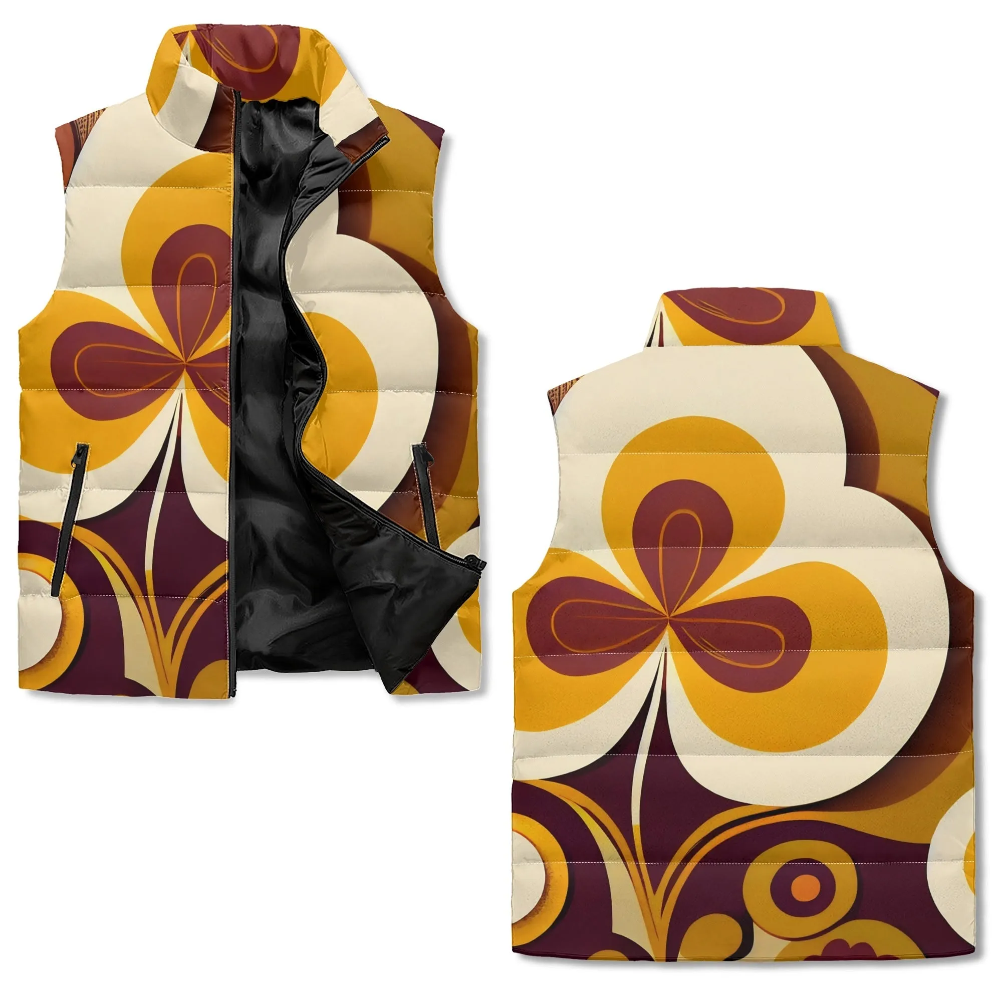 Hip Mod Retro Groovy Brown Gold, Hipster Unisex Lightweight Collar Zip Up Puffer Vest