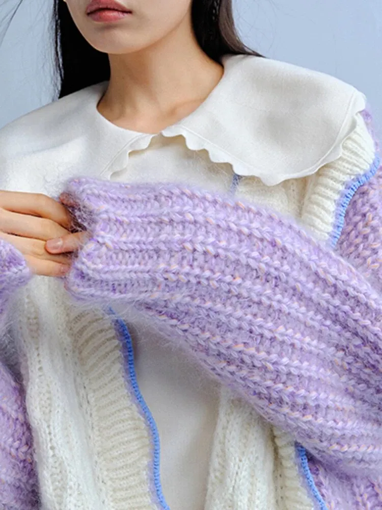 Hit Color Long Knitting Sweaters For Women Round Neck Long Sleeves High Waist Minimalist Sweater Female Fashion