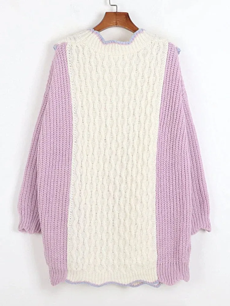 Hit Color Long Knitting Sweaters For Women Round Neck Long Sleeves High Waist Minimalist Sweater Female Fashion