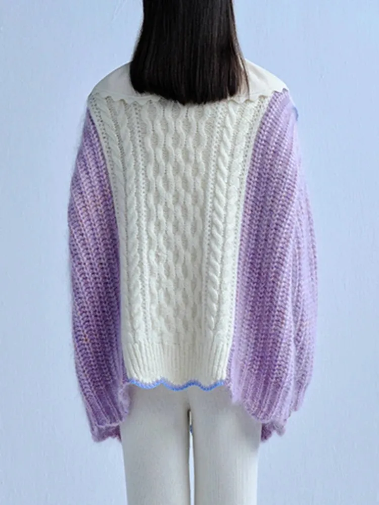 Hit Color Long Knitting Sweaters For Women Round Neck Long Sleeves High Waist Minimalist Sweater Female Fashion
