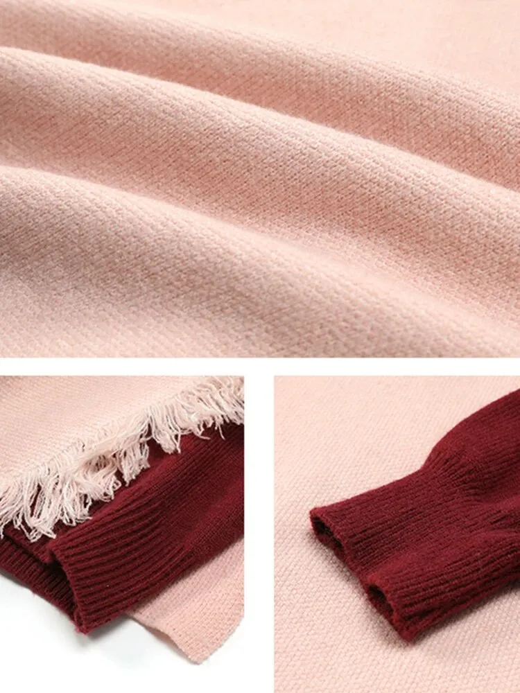 Hit Color Loose Knitting Sweaters For Women Round Neck Long Sleeves Pullover Sweater Female Fashion Clothing