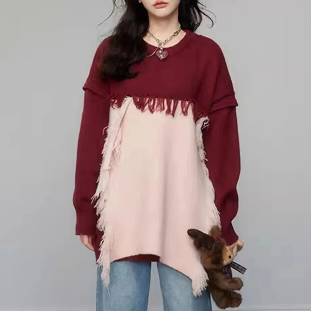 Hit Color Loose Knitting Sweaters For Women Round Neck Long Sleeves Pullover Sweater Female Fashion Clothing