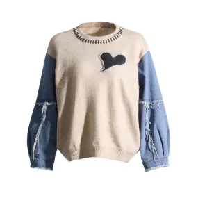 Hit Color Spliced Denim Sweater For Women Round Neck Long Sleeve Pullover Sweaters Female Fashion Style Clothing