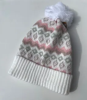 Ivory & Pink Diamond Design Pom Pom Beanie