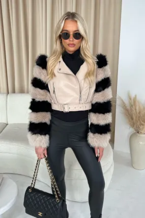 Lila beige & black striped pu faux fur jacket