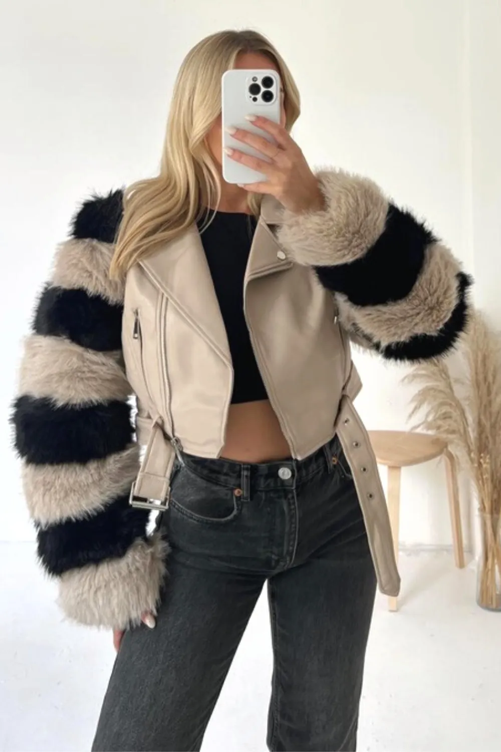 Lila beige & black striped pu faux fur jacket