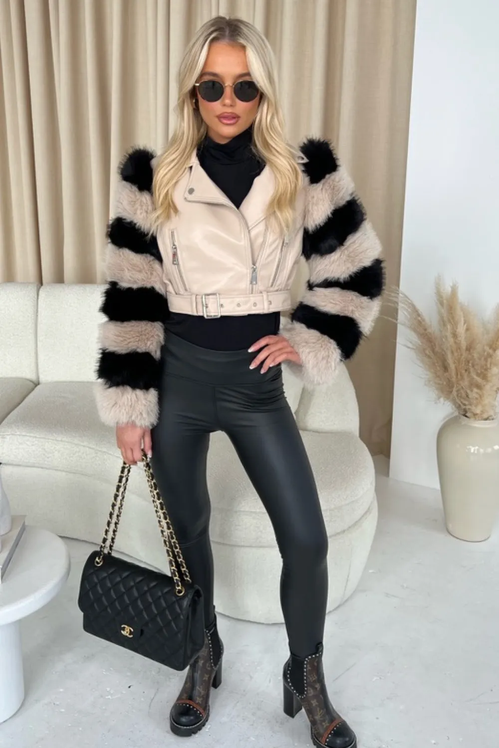 Lila beige & black striped pu faux fur jacket